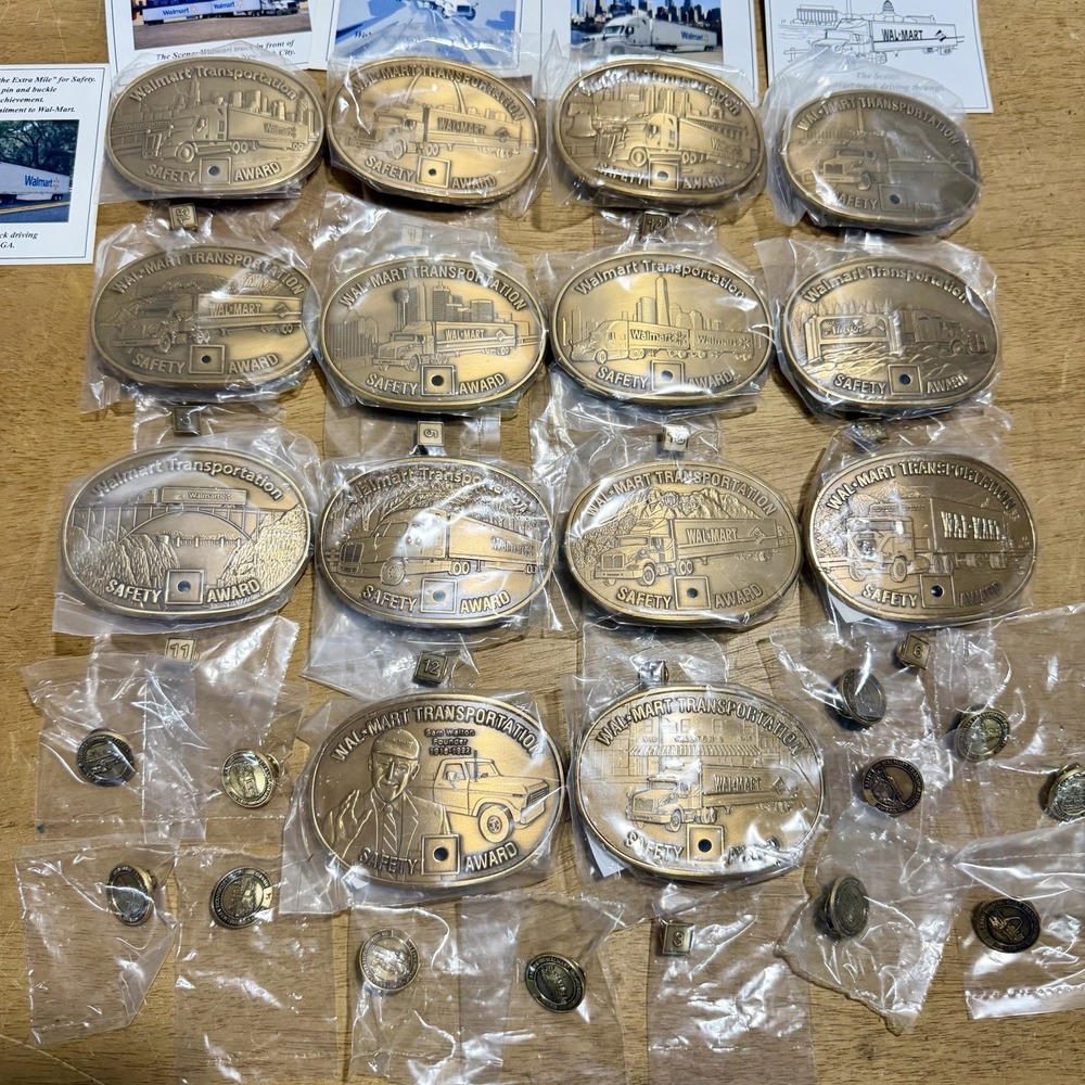 Vintage Wal-Mart Transportation Safety Award Belt Buckle Lot of 14 Brass Pins